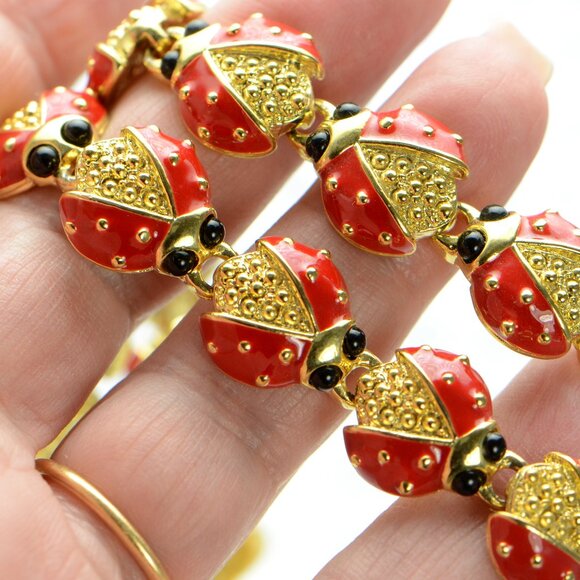 Vintage Kenneth Jay Lane KJL Gold-tone Black and Red Enamel Ladybug Necklace - Picture 4 of 6
